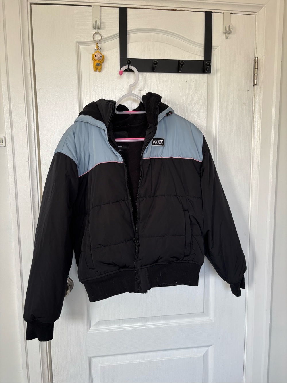 Vans Black and Light Blue Hooded Puffer Jacket with Pink Trim